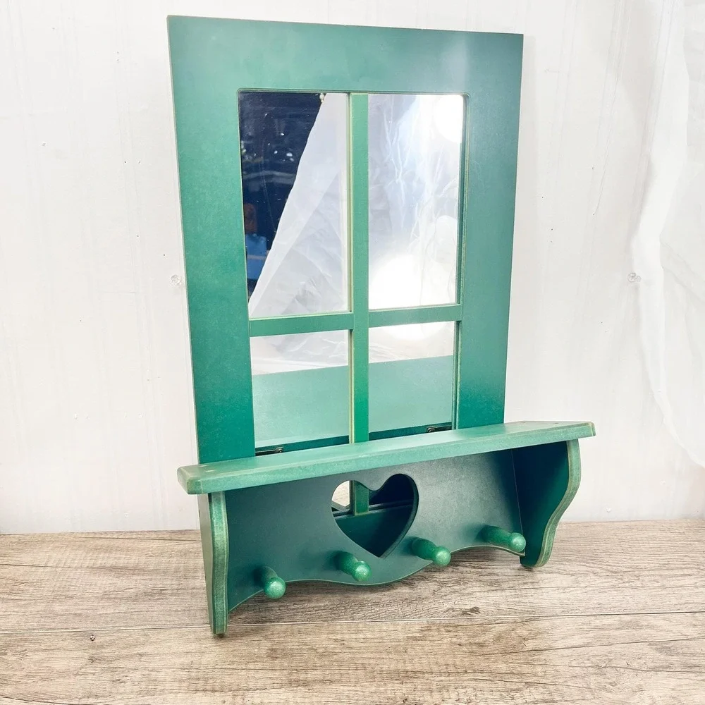 Green Wooden Heart Shelf and Mirror Set - Vintage Cottagecore Decor
